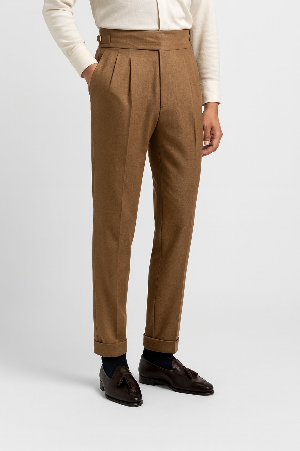 Men's white high waist pleated drawstring straight leg pants