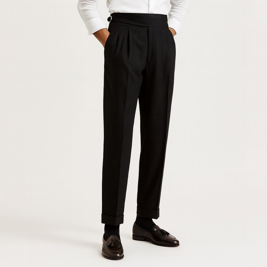 Men's white high waist pleated drawstring straight leg pants