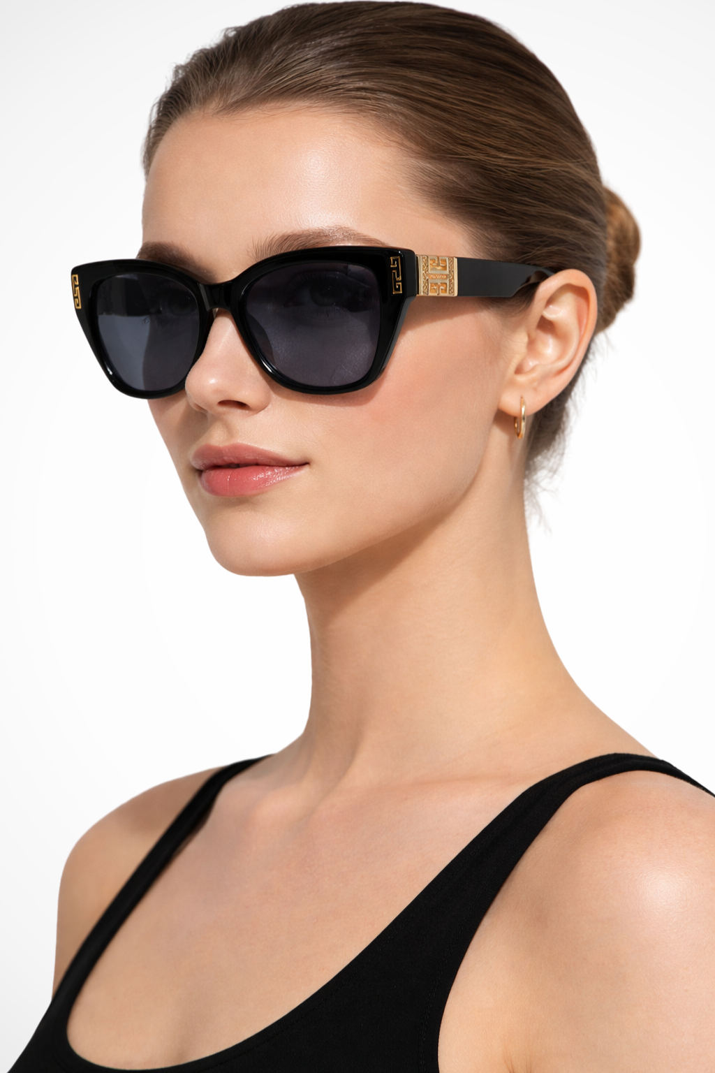 Women's deep purple cat eye sunglasses with gold detail