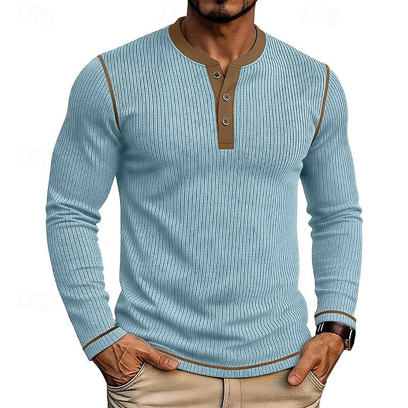Light Blue Men's Ribbed Henley Shirt with Contrast Trim