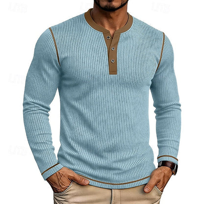 Light Blue Men's Ribbed Henley Shirt with Contrast Trim