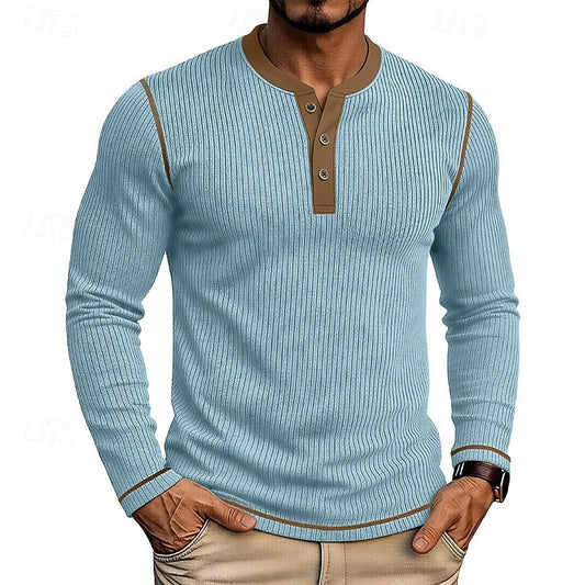 Light Blue Men's Ribbed Henley Shirt with Contrast Trim