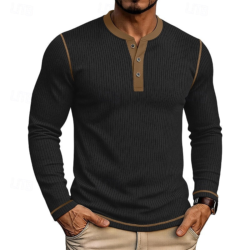 Black Men's Ribbed Henley Shirt with Contrast Trim
