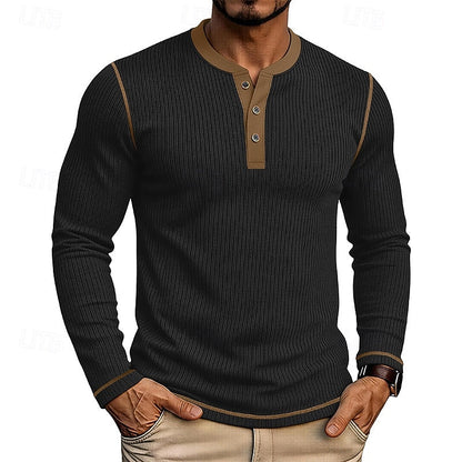 Black Men's Ribbed Henley Shirt with Contrast Trim