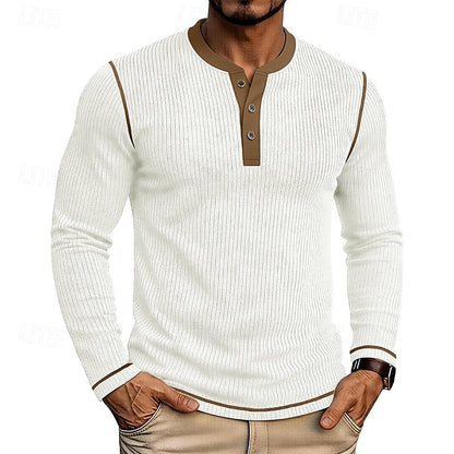 White Men's Ribbed Henley Shirt with Contrast Trim