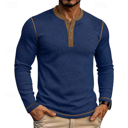 Royal Blue Men's Ribbed Henley Shirt with Contrast Trim