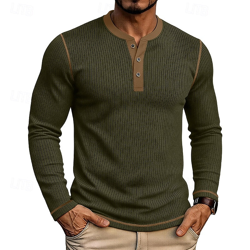 Army Green Men's Ribbed Henley Shirt with Contrast Trim