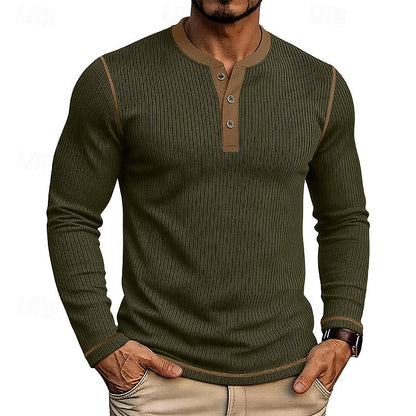 Army Green Men's Ribbed Henley Shirt with Contrast Trim