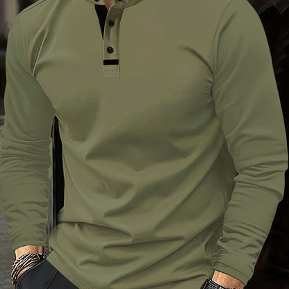 Matcha Color Men's Round-Neck Button-Placket Henley