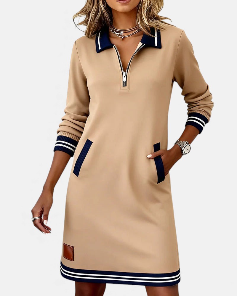 Women's long sleeve cotton dress in beige