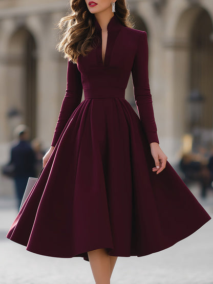 Burgundy V-Neck Pleated Long-Sleeve Midi Dress with Structured Waist