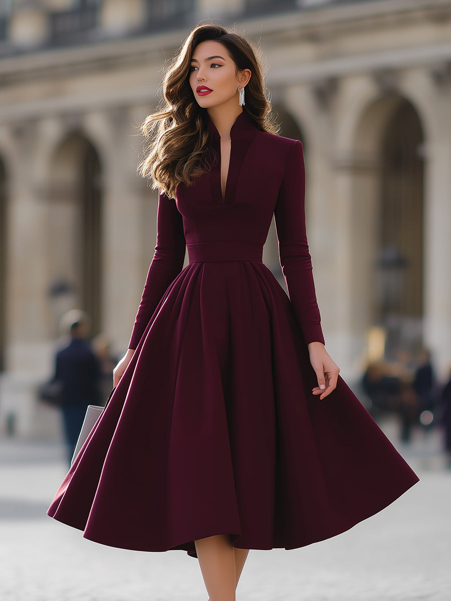 V-Neck Pleated Long-Sleeve Midi Dress with Structured Waist