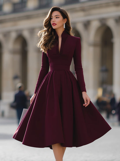 V-Neck Pleated Long-Sleeve Midi Dress with Structured Waist