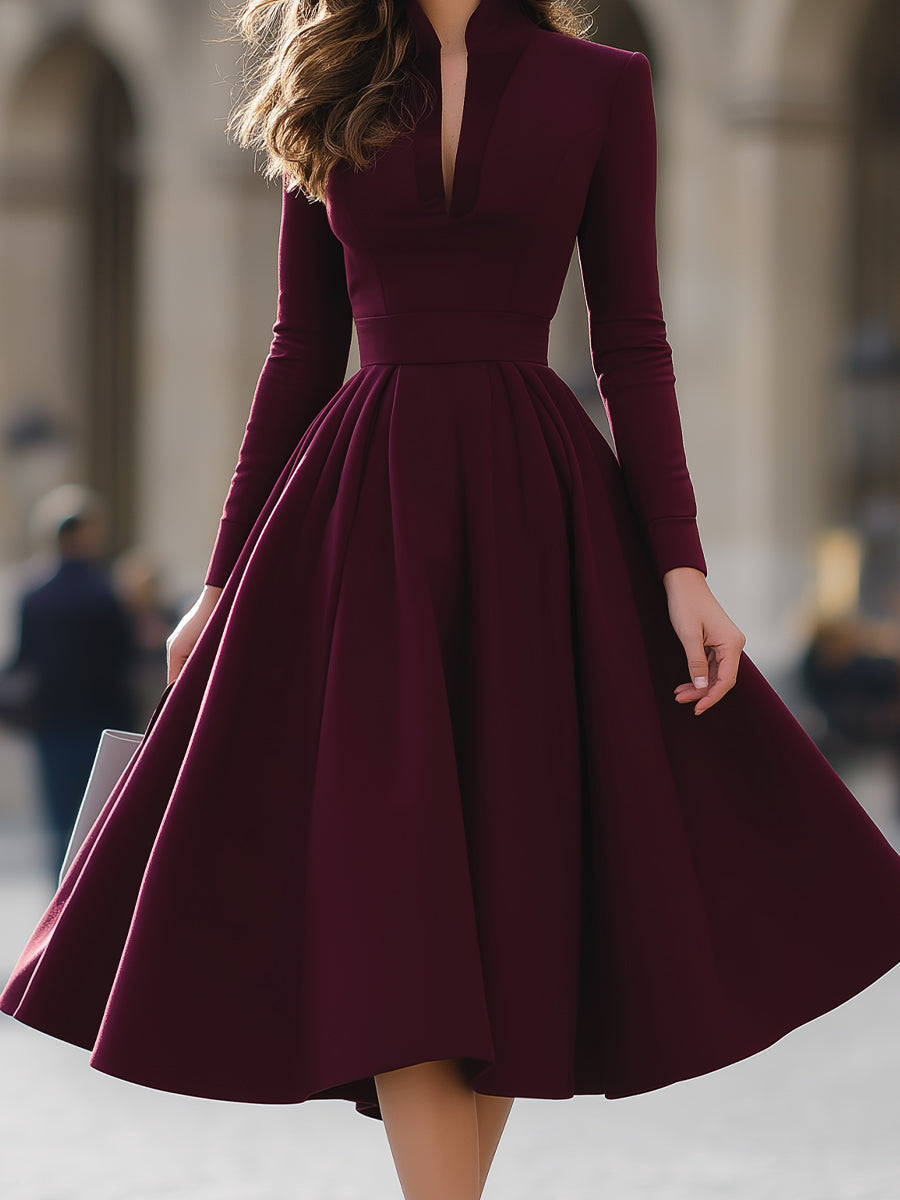 V-Neck Pleated Long-Sleeve Midi Dress with Structured Waist – view 3