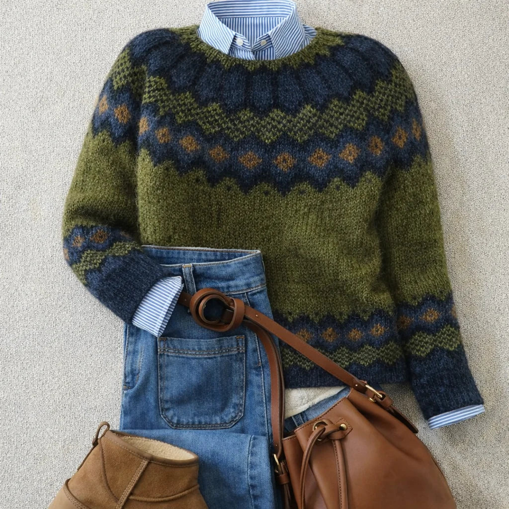 Women's green Nordic inspired sweater with ribbed cuffs