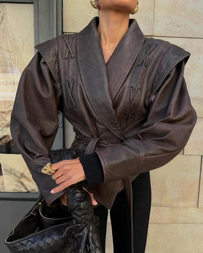 Cropped Suede Lapel Jacket with Kimono Tie Waist