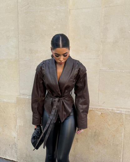 Cropped Suede Lapel Jacket with Kimono Tie Waist – view 2