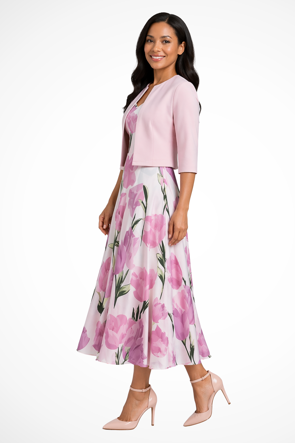 Women's pink floral maxi dress wedding guest two piece set