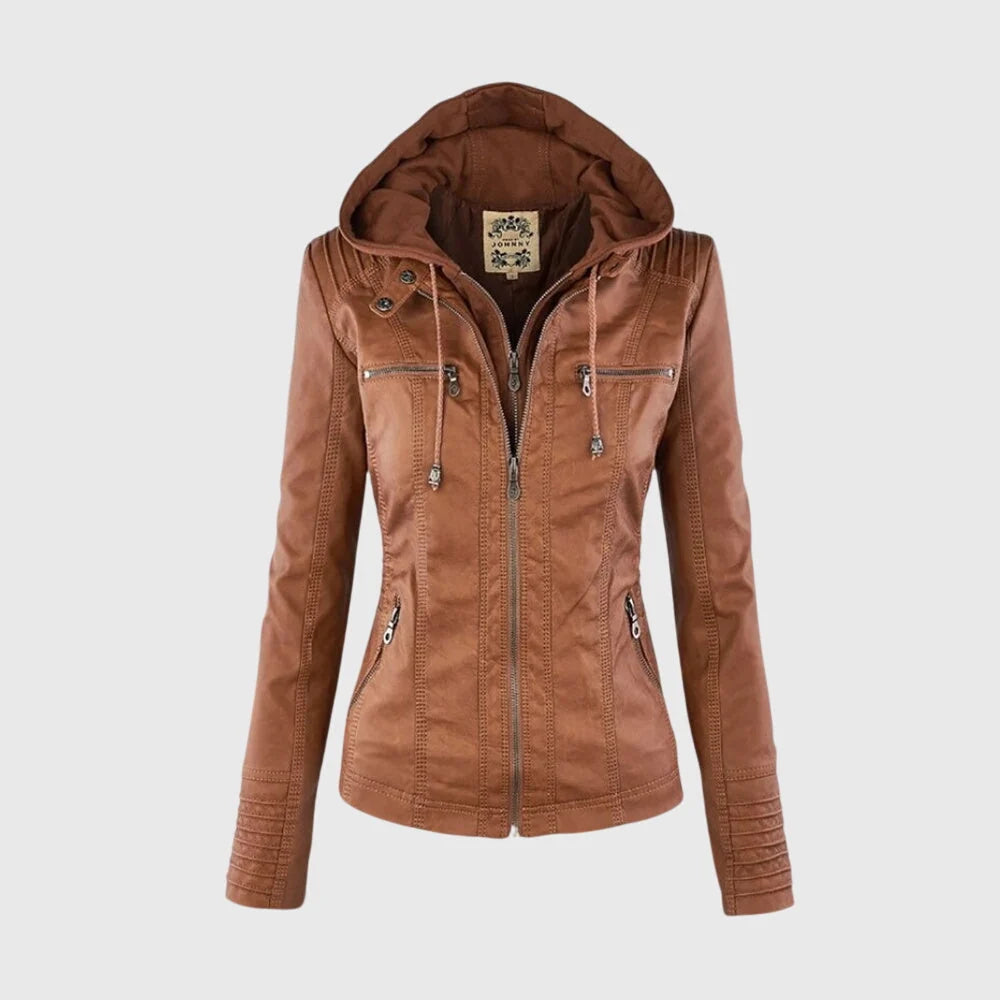 Women's light brown hooded leather-look jacket
