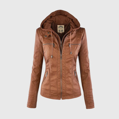 Women's light brown hooded leather-look jacket