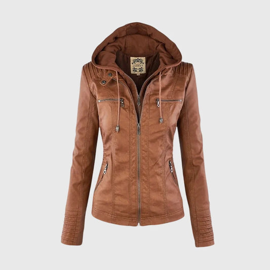 Women's light brown hooded leather-look jacket