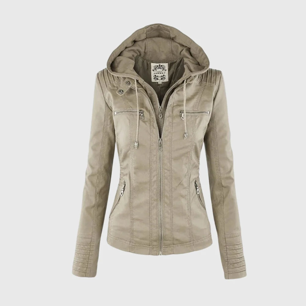 Women's beige hooded leather-look jacket