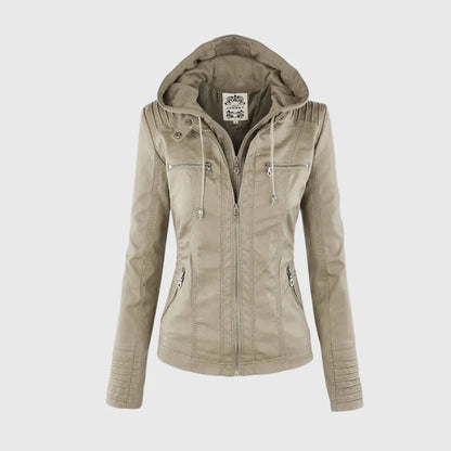 Women's beige hooded leather-look jacket