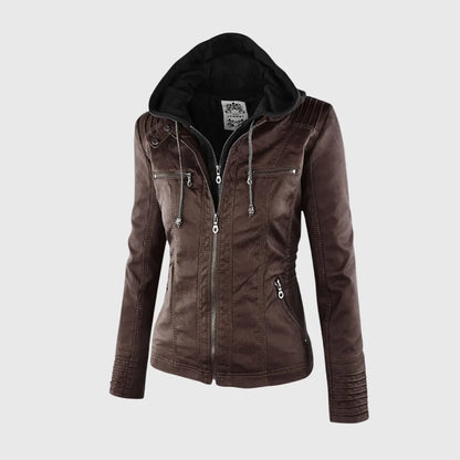 Women's brown hooded leather-look jacket