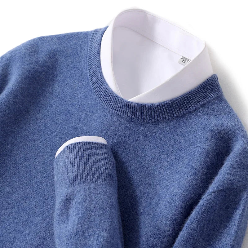Navy blue merino wool cashmere blend crewneck sweater