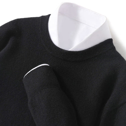 Classic black merino wool cashmere blend crewneck sweater