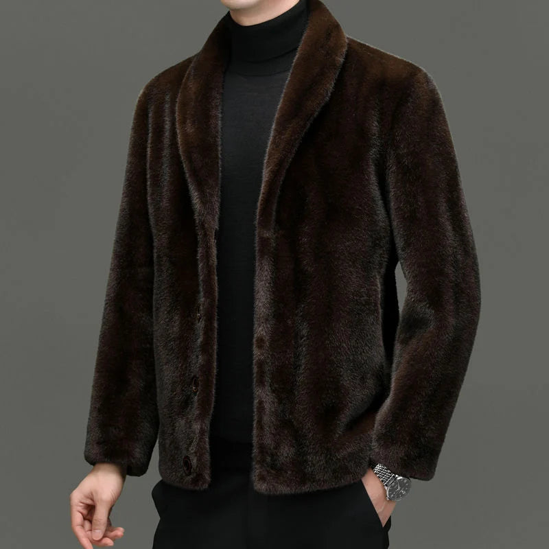 Men's brown faux fur jacket with button front