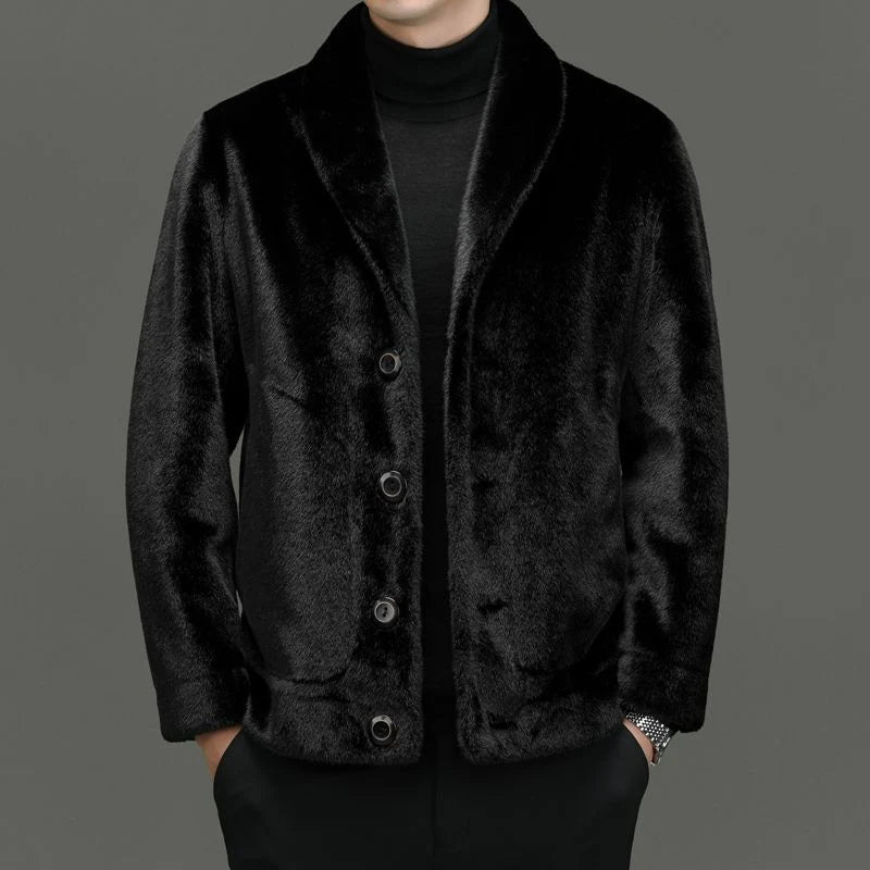 Men's classic black faux fur jacket with button front