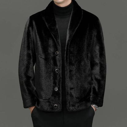 Men's classic black faux fur jacket with button front