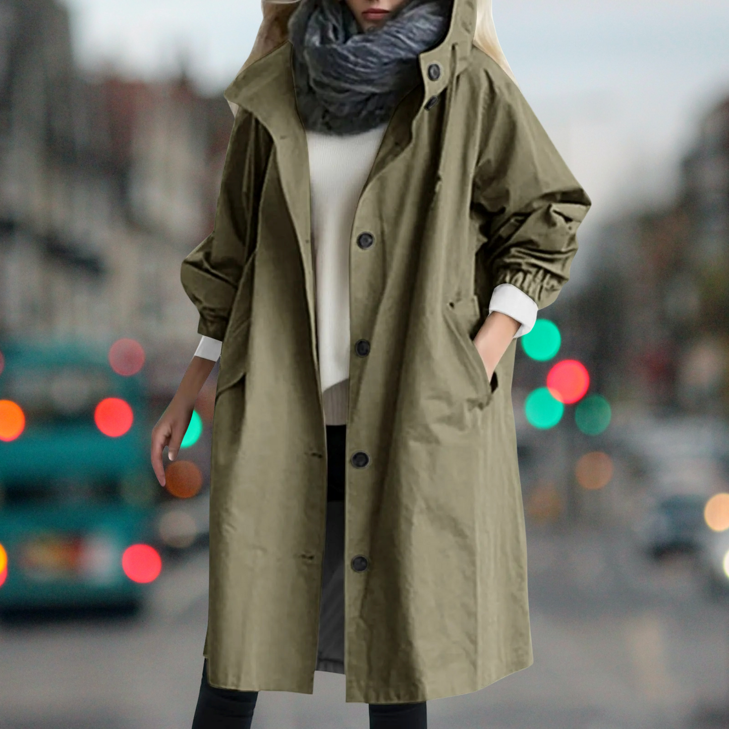 Green Hooded High-Neck Trench Coat