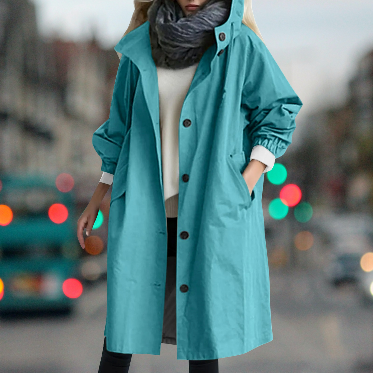 Blue Hooded High-Neck Trench Coat