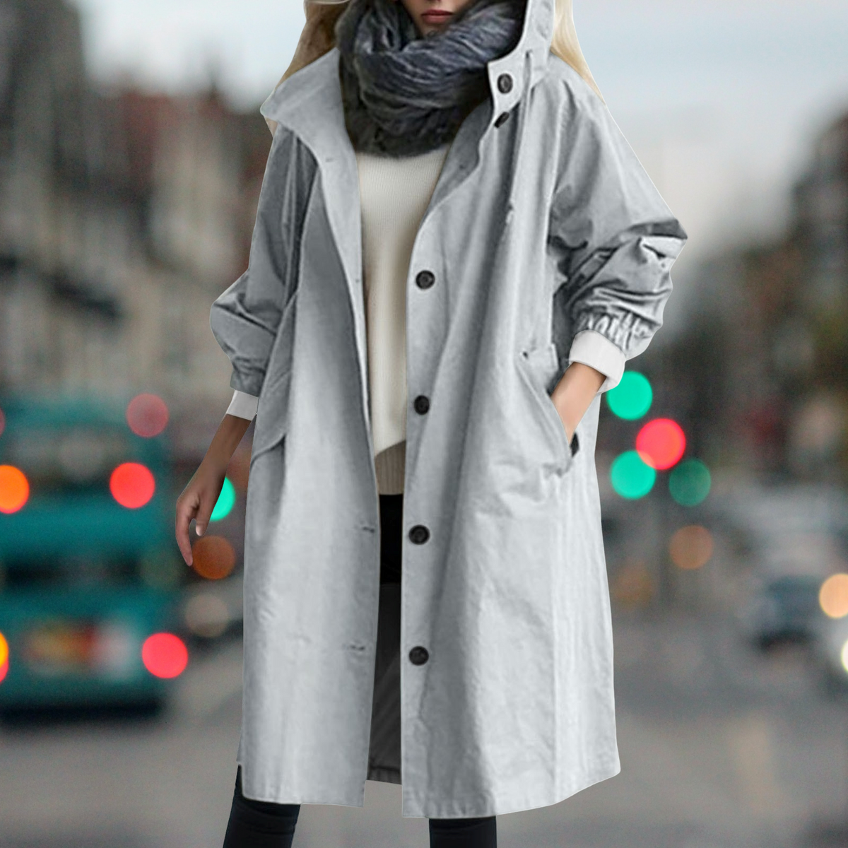 Light Gray Hooded High-Neck Trench Coat