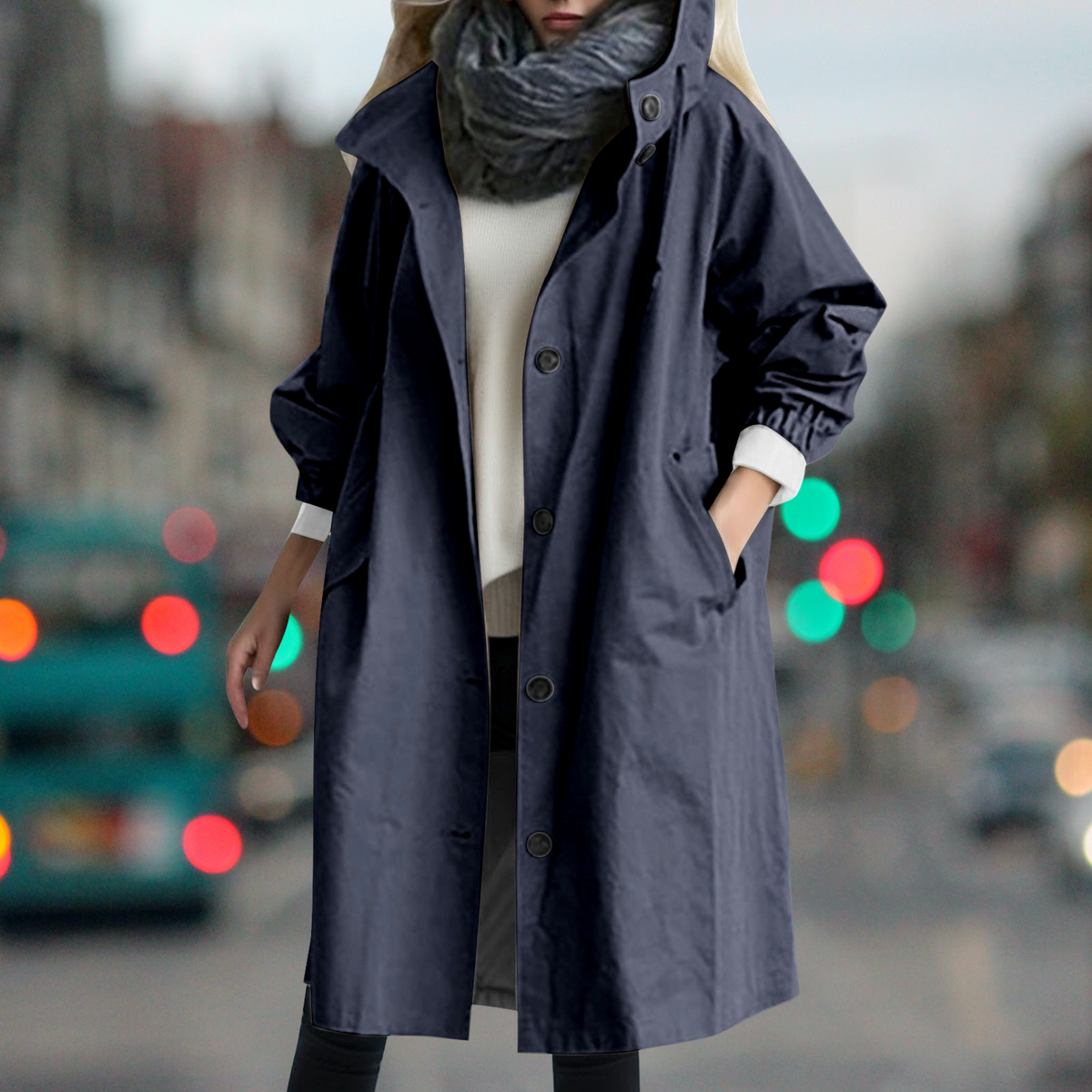 Navy Hooded High-Neck Trench Coat