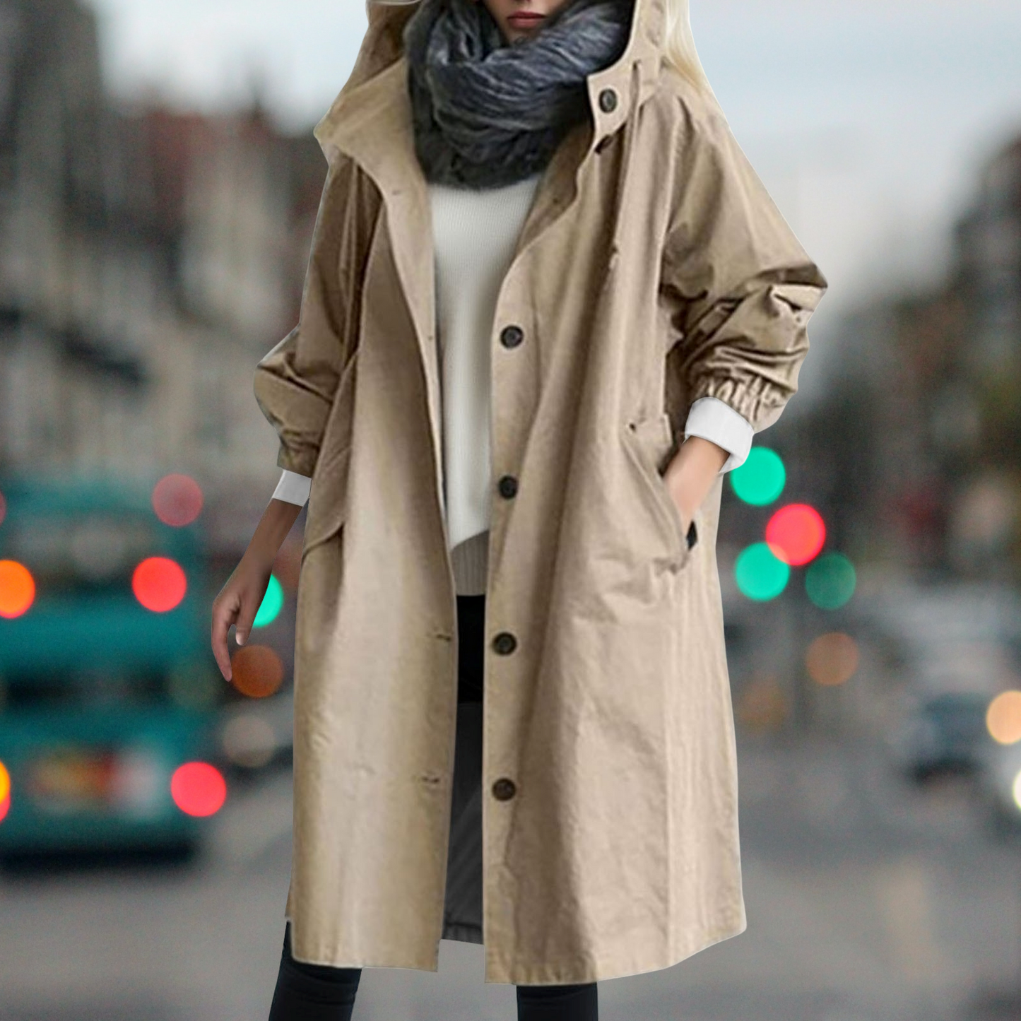 Khaki Hooded High-Neck Trench Coat