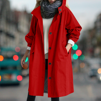 Red Hooded High-Neck Trench Coat