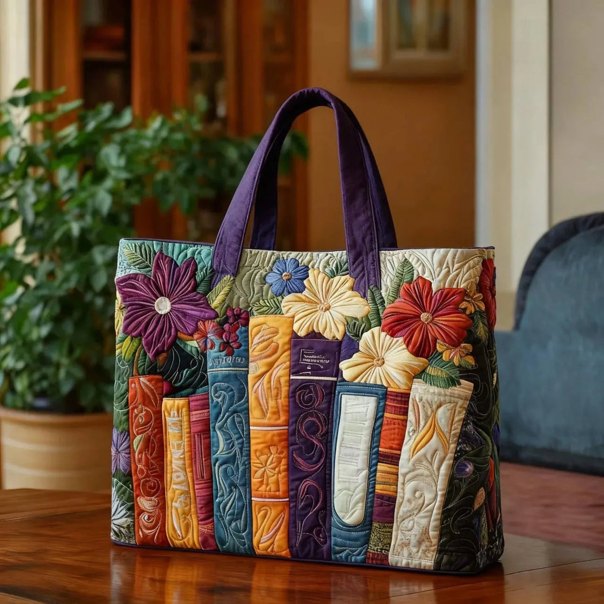 Multicolor Floral Book Print Canvas Tote Bag