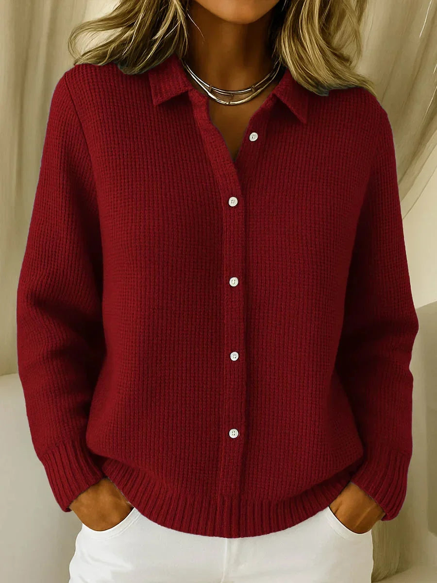 Women's wine red textured knit cardigan with collar