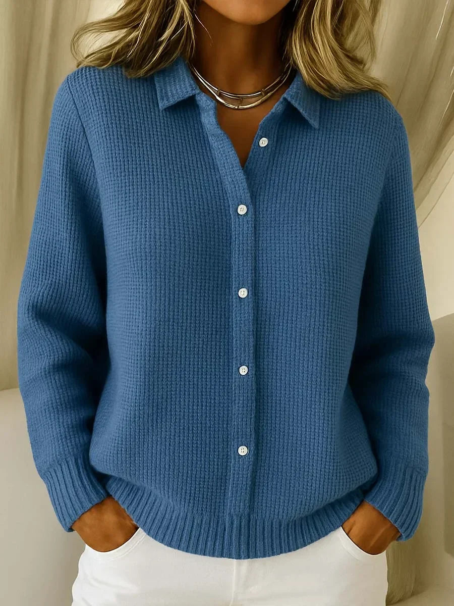Women's dark blue textured knit cardigan with collar