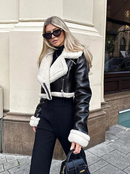 Black Cropped Shearling Jacket with Wide Contrast Collar