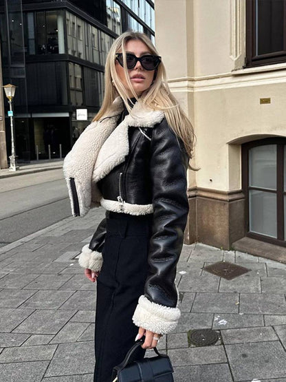 Cropped Shearling Jacket with Wide Contrast Collar