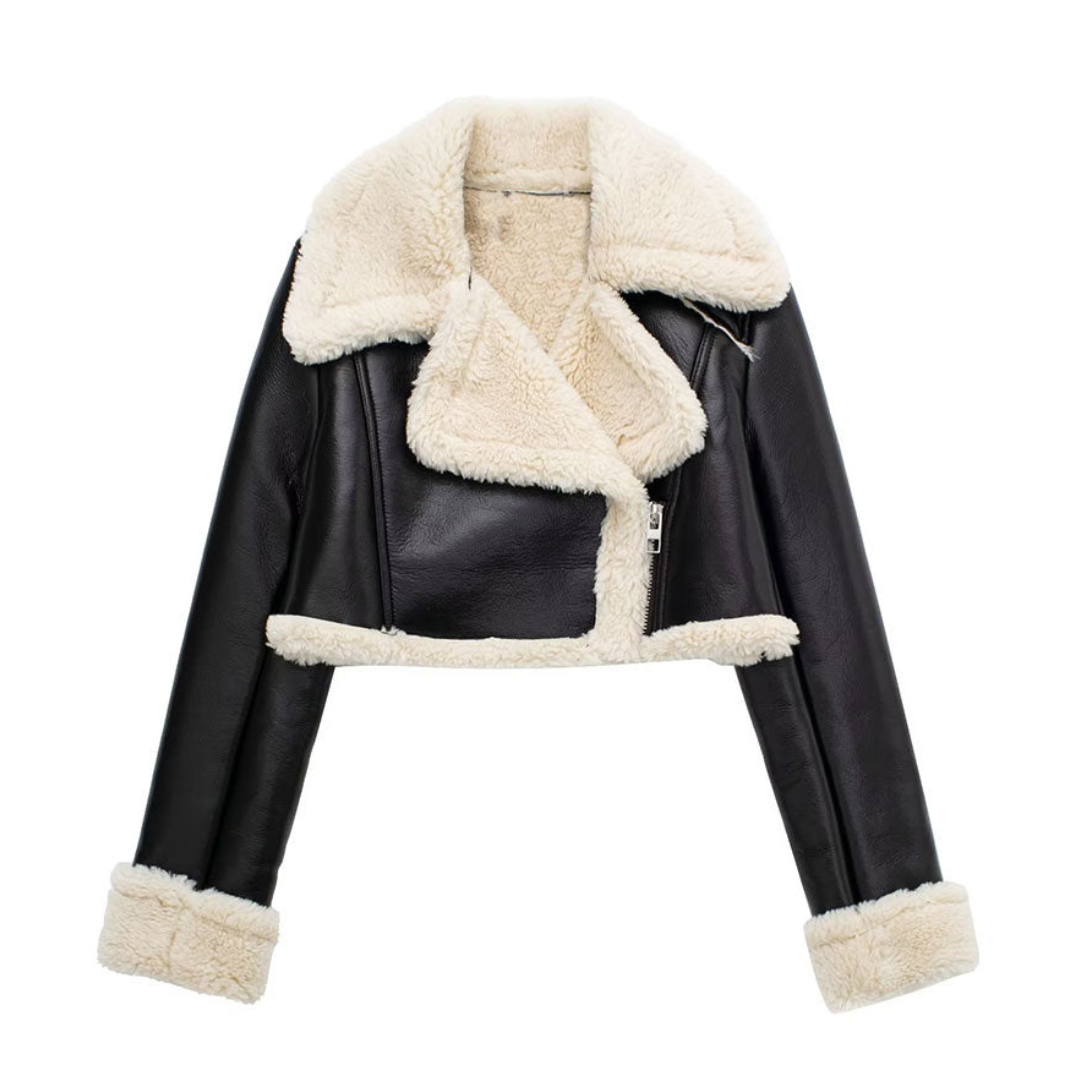 Cropped Shearling Jacket with Wide Contrast Collar – view 3
