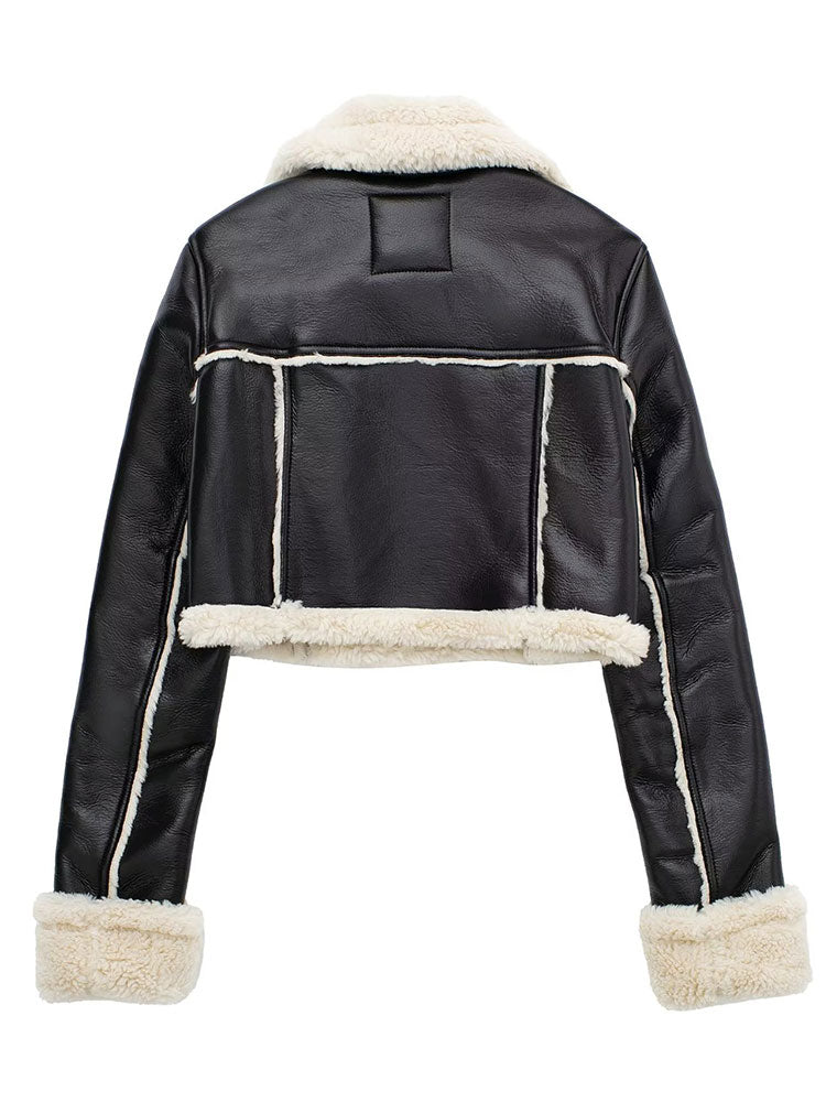 Cropped Shearling Jacket with Wide Contrast Collar – view 4
