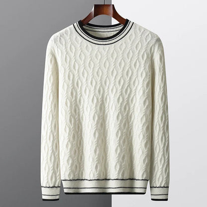 White cashmere cable knit sweater with striped collar