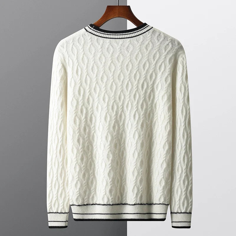 Cashmere cable knit sweater with striped collar