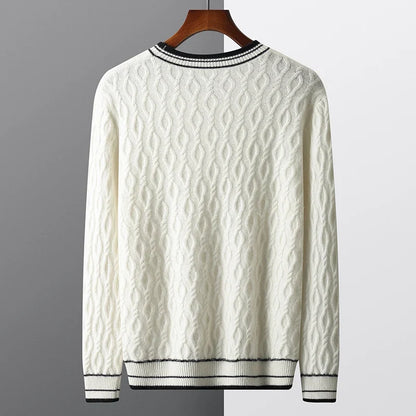 Cashmere cable knit sweater with striped collar