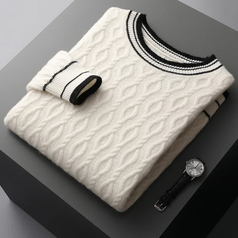 Cashmere cable knit sweater with striped collar